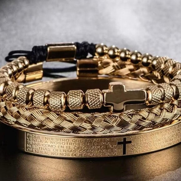 NEW - 3PC STUNNING STAINLESS STEEL BRACELET SET FAITH BASED - GOLD - Picture 4 of 5